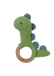 1pc or 2pcs/set BPA Free Crochet Dinosaur Baby Teether Rattle Safe Beech Wooden Teether Ring Newborn Mobile Sport Educational Toy