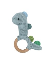 1pc or 2pcs/set BPA Free Crochet Dinosaur Baby Teether Rattle Safe Beech Wooden Teether Ring Newborn Mobile Sport Educational Toy