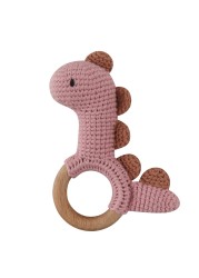 1pc or 2pcs/set BPA Free Crochet Dinosaur Baby Teether Rattle Safe Beech Wooden Teether Ring Newborn Mobile Sport Educational Toy