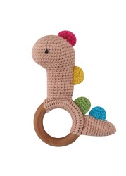 1pc or 2pcs/set BPA Free Crochet Dinosaur Baby Teether Rattle Safe Beech Wooden Teether Ring Newborn Mobile Sport Educational Toy