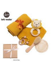 Let's Make Baby Bath Toy Set Double Sided Cotton Blanket Wooden Rattle Bracelet Crochet Toys Baby Birth Gift Products For Kids