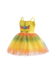 2022 Unicorn Girl Summer Dress Toddler Sleeveless Mesh Tutu Cartoon Clothes Birthday Party Beach Outfit With Wings Headband