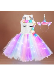 Girl Unicorn Dresses for Girls Tutu Princess Party Dresses with LED Lights Flower Birthday Party Cosplay Costume Girls Clothing