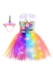 Girl Unicorn Dresses for Girls Tutu Princess Party Dresses with LED Lights Flower Birthday Party Cosplay Costume Girls Clothing