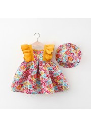 Summer Toddler Infant Girl Clothes Set Baby BeBe Beach Dresses Cute Bow Plaid Sleeveless Cotton Newborn Princess Dress+Sunhat