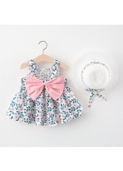 Summer Toddler Infant Girl Clothes Set Baby BeBe Beach Dresses Cute Bow Plaid Sleeveless Cotton Newborn Princess Dress+Sunhat