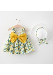 Summer Toddler Infant Girl Clothes Set Baby BeBe Beach Dresses Cute Bow Plaid Sleeveless Cotton Newborn Princess Dress+Sunhat