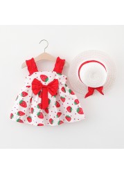 Summer Toddler Infant Girl Clothes Set Baby BeBe Beach Dresses Cute Bow Plaid Sleeveless Cotton Newborn Princess Dress+Sunhat