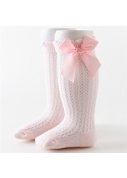 Newborn Baby Girls Solid Bow-knot Socks Breathable Mesh Cotton Knee High Leg Warmer Summer Infant Baby Soft Socks Clothes