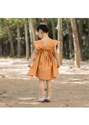 New Baby Girls Dress Bow Cotton Fly Sleeve Ruffles Lace Summer Pure Color Children Princess Skirt Kids Clothes