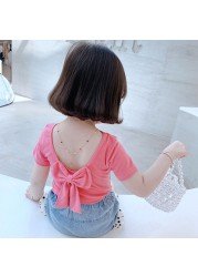 Children T-shirt for Girls Clothes Short Sleeve Back Bow-knot Baby Shirt Cotton 2022 Summer Solid Kids Clothes