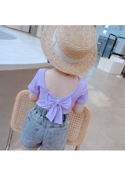 Children T-shirt for Girls Clothes Short Sleeve Back Bow-knot Baby Shirt Cotton 2022 Summer Solid Kids Clothes