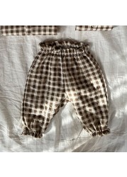 2022 Spring New Cute Bear Print Baby Boys Casual Pants Flower Heart Print Girls Summer Mosquito Pants Baby Loose Plaid Trousers