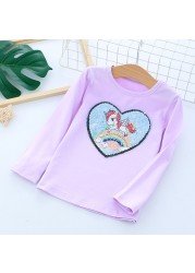 Long Sleeve Children Kids Girls T-shirt Unicorn Sequin Cotton Tops Tees Tops Fashion Girls Clothes