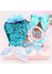 Girls Little Mermaid Party Accessories Necklace Ring Earrings Bracelet Kids Toy Birthday Gift Magic Embroidery Shoulder Bag Headband