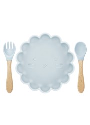 Children's Silicone Dinner Plate Strong Sucker Cartoon Lion Baby Feeding Set BPA Free Wooden Handle Fork Spoon Baby Shower Gift