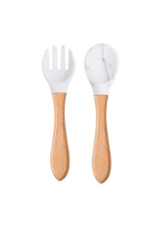 2pcs Silicone Baby Tips Feeding Training Spoon and Fork Set with Wooden Handle Toddlers Babies Eat Standalone Accessory