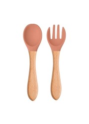 2pcs Silicone Baby Tips Feeding Training Spoon and Fork Set with Wooden Handle Toddlers Babies Eat Standalone Accessory