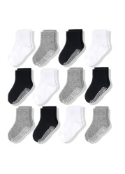 12Pairs/Lot Non-Slip Baby Socks with Grip for Boys Girls Baby Toddler Kids Anti-Slip Cotton Crew Socks 1-7Years