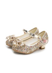 ULKNN-Girls Princess Leather Shoes Casual Floral Sequin High Heel Butterfly Bowknot Shoes Blue Pink Silver