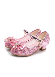 ULKNN-Girls Princess Leather Shoes Casual Floral Sequin High Heel Butterfly Bowknot Shoes Blue Pink Silver