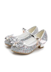 ULKNN-Girls Princess Leather Shoes Casual Floral Sequin High Heel Butterfly Bowknot Shoes Blue Pink Silver