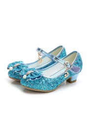 ULKNN-Girls Princess Leather Shoes Casual Floral Sequin High Heel Butterfly Bowknot Shoes Blue Pink Silver