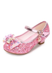 ULKNN-Girls Princess Leather Shoes Casual Floral Sequin High Heel Butterfly Bowknot Shoes Blue Pink Silver