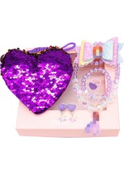 Mermaid Accessories Jewelry Set Sequins Purse Necklace Bracelet Bow Hairclip Shell Earring Gift for Girls Elsa Princess