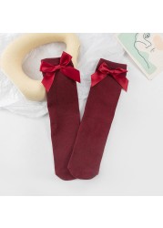 2021 New Girls Knee High Socks with Bows Candy Color Cotton Breathable Stockings Princess Socks School Navy Blue Socks