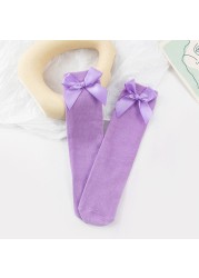 2021 New Girls Knee High Socks with Bows Candy Color Cotton Breathable Stockings Princess Socks School Navy Blue Socks