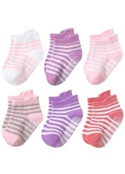 6 Pairs 0-5 Years Cotton Children Anti-Slip Boat Socks for Boys Girl Low Cut Floor Toddler Ankle Sock with Rubber Grips Four Season