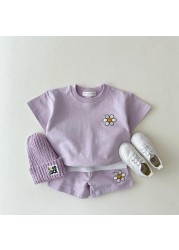 2021 Summer New Cotton Baby Clothes Set Boys and Girls Cute Smiley Print Tops + Shorts 2pcs Kids Children Clothing Suit