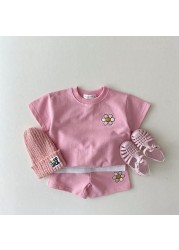 2021 Summer New Cotton Baby Clothes Set Boys and Girls Cute Smiley Print Tops + Shorts 2pcs Kids Children Clothing Suit