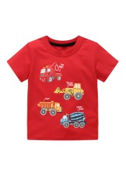 27 Kids Summer Boys Short Sleeve T-shirt Tops Clothes Fire Truck Pattern Children's Clothing Toddler Cotton Outfit 2-8Years