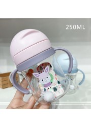 250ml Cartoon Style Outdoor Baby Drinking Bottle With Straw Baby Feeding Cup For Kids Training Portable Handle Water Bottle