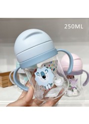 250ml Cartoon Style Outdoor Baby Drinking Bottle With Straw Baby Feeding Cup For Kids Training Portable Handle Water Bottle