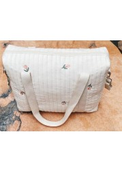 Cute Bear Flower Embroidery Pattern Baby Beige Cotton Fabric Zipper Diaper Handbag 2022 New Luggage Bag