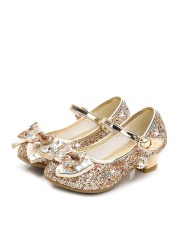 ULKNN-Children's leather shoes, casual high-heeled shoes with flowers and sequins, butterfly knot, blue, pink and silver, 2021