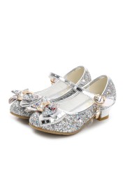 ULKNN-Children's leather shoes, casual high-heeled shoes with flowers and sequins, butterfly knot, blue, pink and silver, 2021