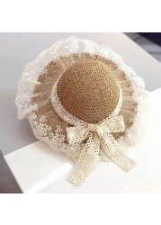 Bear Learner Kids Girls Hats 2022 New Fashion Summer Lace Flowers Caps Breathable Elegant Straw Hat Sunhat Lovely Baby Bonnet