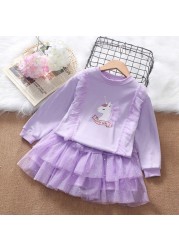 2022 spring new little girls clothes pink clothing set cartoon unicorn long sleeve T-shirt skirt 2 two-piece outfits