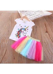 2022 spring new little girls clothes pink clothing set cartoon unicorn long sleeve T-shirt skirt 2 two-piece outfits