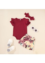 summer newborn baby girl clothes set solid color short sleeve ruffle romper tops flower short pants headband 3pcs infant outfits