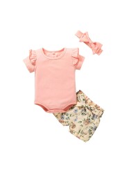 summer newborn baby girl clothes set solid color short sleeve ruffle romper tops flower short pants headband 3pcs infant outfits