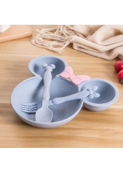 3pcs Wheat Straw Baby Cartoon Tableware Set Dishes Children Kids Dinner Platos Baby Feeding Training Plate Bowl Spoon Fork