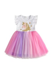 DXTON-Girls Summer Dresses Princess Kids Clothes Flying Sleeve Unicorn Dress 2021