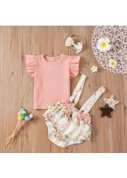 Newborn Baby Girls Clothes Sets Toddler Girls Outfits Ruffle Sleeve T-shirt Suspenders Pants Headband 3pcs Outfit Set Toddler 0-18M