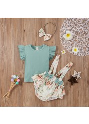 Newborn Baby Girls Clothes Sets Toddler Girls Outfits Ruffle Sleeve T-shirt Suspenders Pants Headband 3pcs Outfit Set Toddler 0-18M