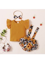 Newborn Baby Girls Clothes Sets Toddler Girls Outfits Ruffle Sleeve T-shirt Suspenders Pants Headband 3pcs Outfit Set Toddler 0-18M